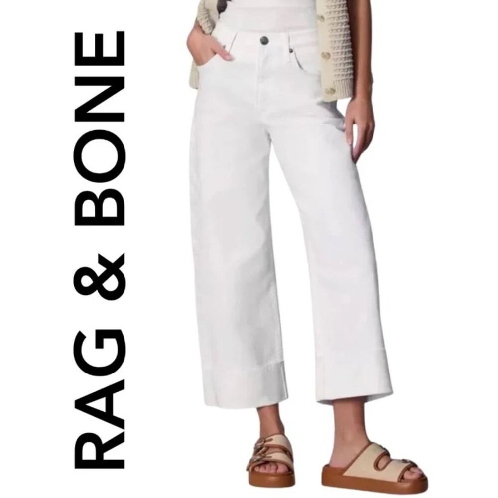NWOT Rag & Bone White Andi Raw Hem High Waist Wide Leg Jeans Size 32